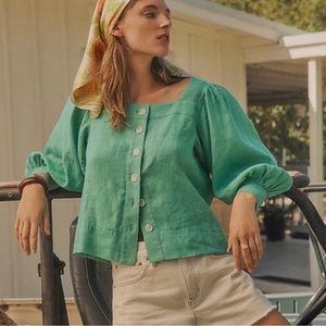 J Crew green square neck linen button front shirt